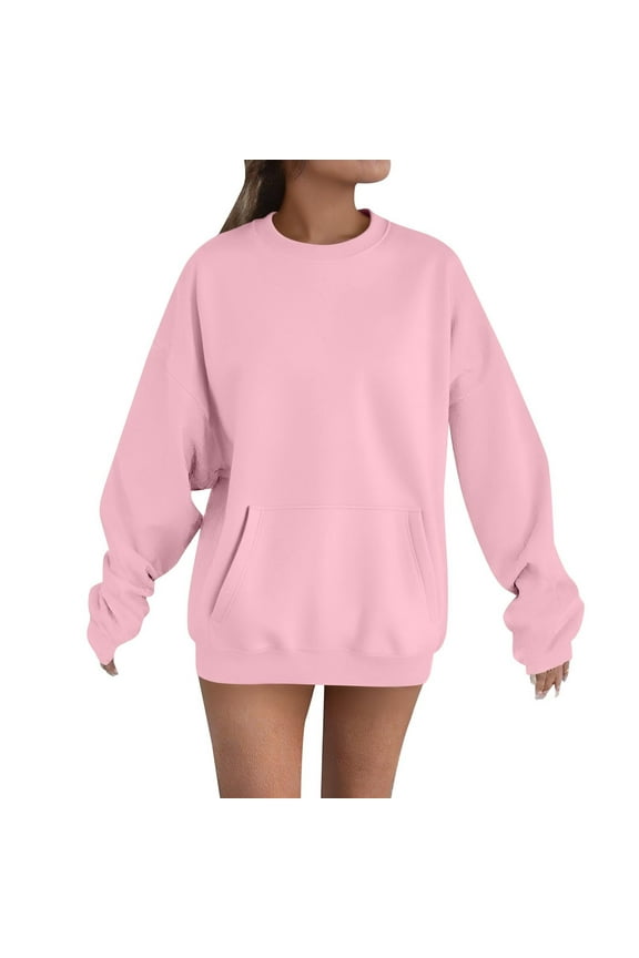 Crewneck Sweatshirts for Women Solid Color Pullover Tops Casual Loose Fit Sweatshirt with Kangaroo Pocket Pink S