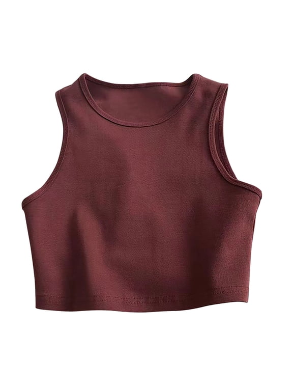 Crop Tank Top for Women Sleeveless Round Neck Tanks Solid Color Summer Fitted Short Tees Wine M