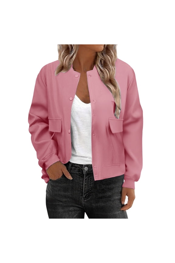 Cropped Bomber Jacket for Women Fall Long Sleeve Snap Coats Casual Everyday Varsity Jackets with Pockets Pink M