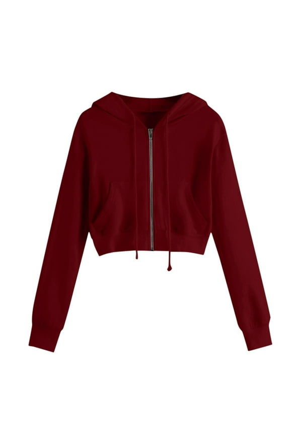 Cropped Coats for Women Zip Up Hooded Sweatshirts Y2k Tops Casual Long Sleeve Jackets with Pockets Wine S