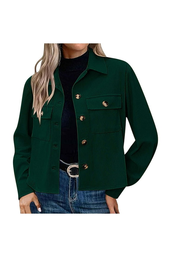 Cropped Jackets for Women Corduroy Lapel Long Sleeve Tops Fall Shackets Trendy Streetweat Coats with Chest Pockets Green XL