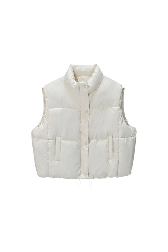 Cropped Puffer Vest for Women Sleeveless Zip Up Stand Collar Gilet Lightweight Fall Winter Padded Jackets with Pockets White M
