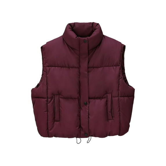 Htigea Cropped Puffer Vest for Women Sleeveless Zip Up Stand Collar Gilet Lightweight Fall Winter Padded Jackets with Pockets Wine M