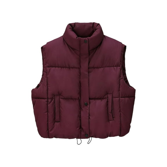 Htigea Cropped Puffer Vest for Women Sleeveless Zip Up Stand Collar Gilet Lightweight Fall Winter Padded Jackets with Pockets Wine M