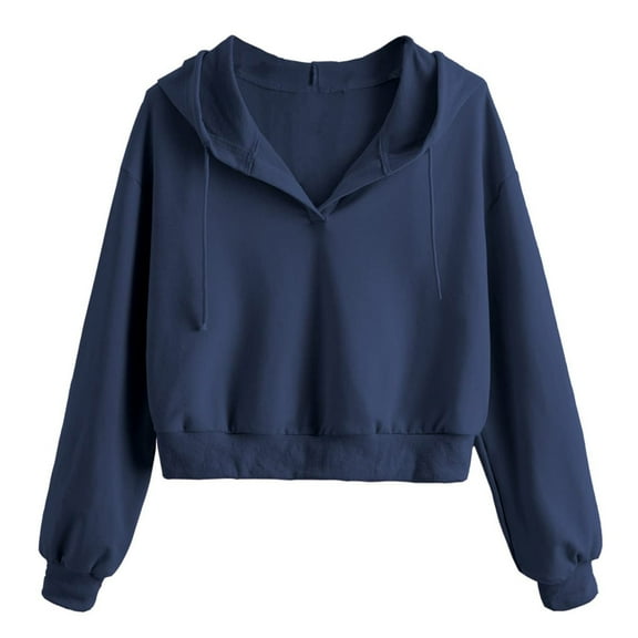 Htigea Cropped Sweatshirt for Women V-Neck Long Sleeve Drawstring Hooded Pullover Fall Trendy Y2k Hoodies Navy M