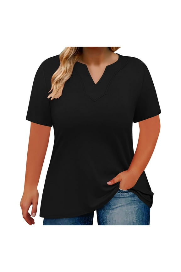 Curvy Womens Short Sleeve Tops Short Sleeve Notch V Neck T-Shirt Solid Color Casual Loose Fit Tees Plus Size Summer Daily T Shirts Black XXL
