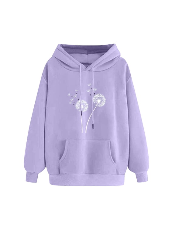 Cute Hoodies for Women Funny Graphic Hooded Sweatshirts Casual Loose Fit Tops Drawstring Long Sleeve Pullover Fall Tops Winter Clothes Purple L