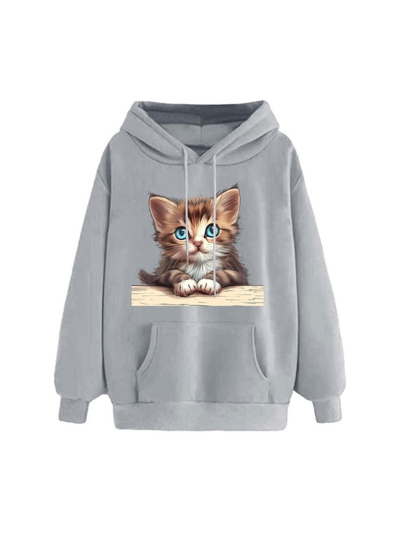 Cute Hoodies for Women Casual Loose Fit Sweatshirts Drawstring Hooded Pullover Fleece Long Sleeve Tops with Pocket Fall Winter Clothes Gray S