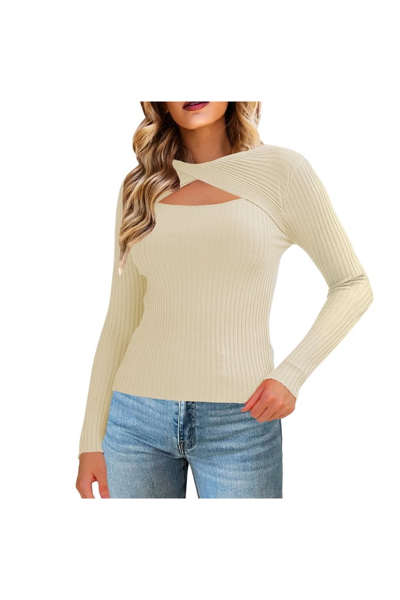 Cutout Knit Sweaters for Women Slim Fit Long Sleeve Pullover Ribbed Tops Solid Color Basic Fall Clothes Beige L