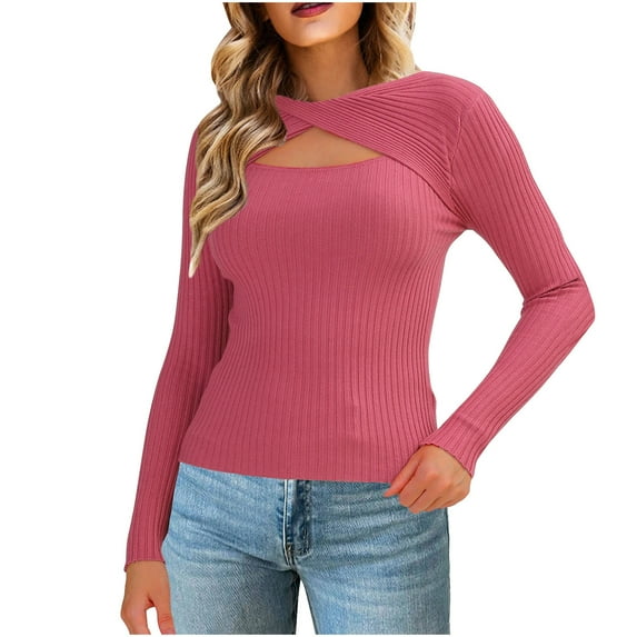 Htigea Cutout Knit Sweaters for Women Slim Fit Long Sleeve Pullover Ribbed Tops Solid Color Basic Fall Clothes Pink S