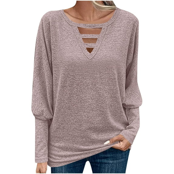 Htigea Cutout V-Neck Shirts for Women Drop Shoulder Long Sleeve Tunic Top Casual Loose Fit Pullover Tees Purple M
