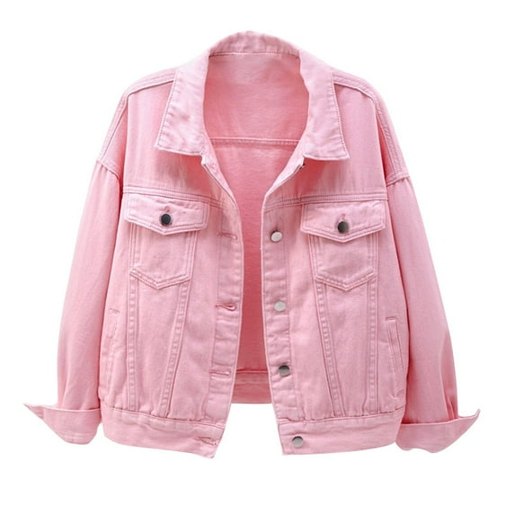 Htigea Denim Jackets for Women Y2k Tops Fall Long Sleeve Cropped Coats Solid Color Button-Down Jean Jacket with Pockets Pink M