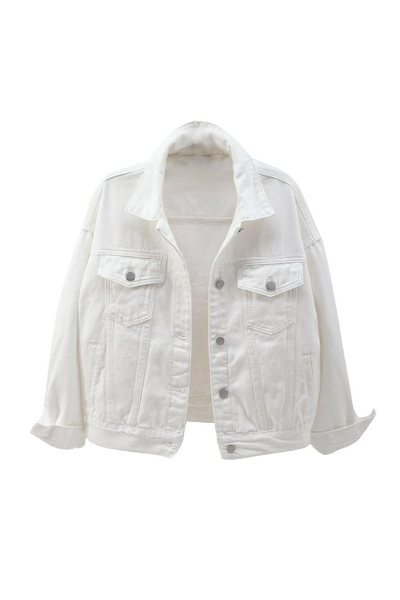 Denim Jackets for Women Y2k Tops Fall Long Sleeve Cropped Coats Solid Color Button-Down Jean Jacket with Pockets White L
