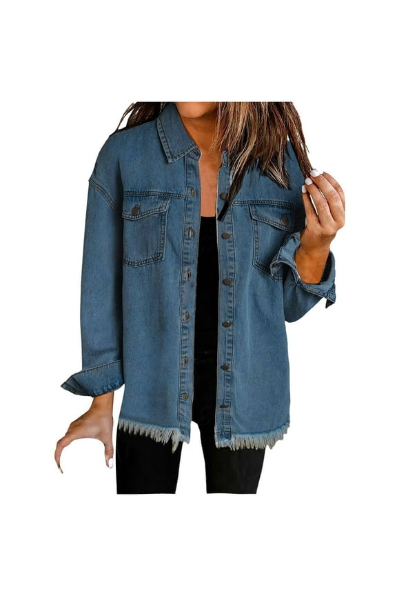Denim Shackets for Women Boyfriend Style Button Down Long Sleeve Lightweight Distressed Frayed Hem Jacket Coats Blue S