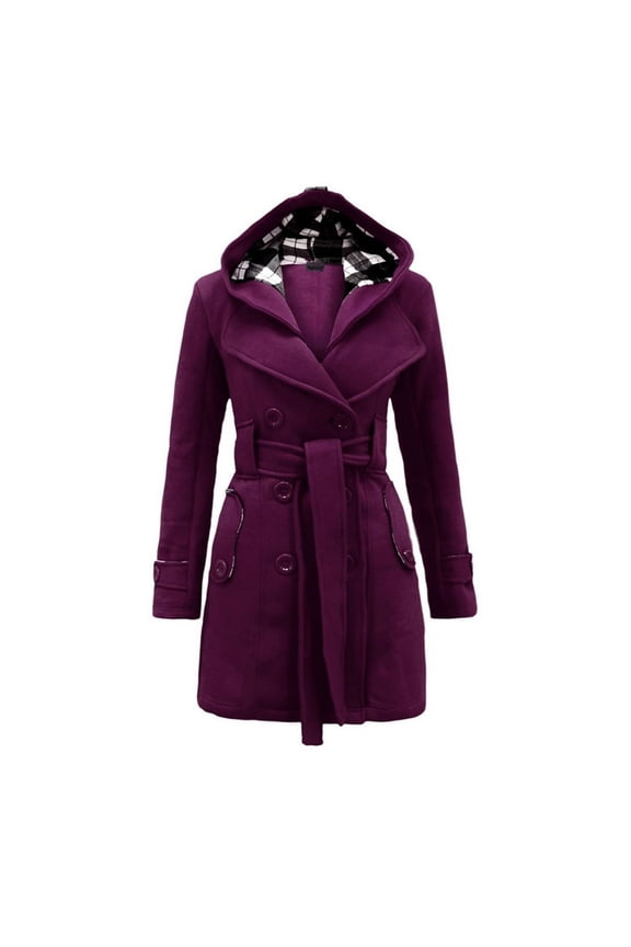 Double Breasted Peacoat for Women Plaid Hooded Coats with Belt Fall Winter Outdoor Jackets with Pockets Purple L