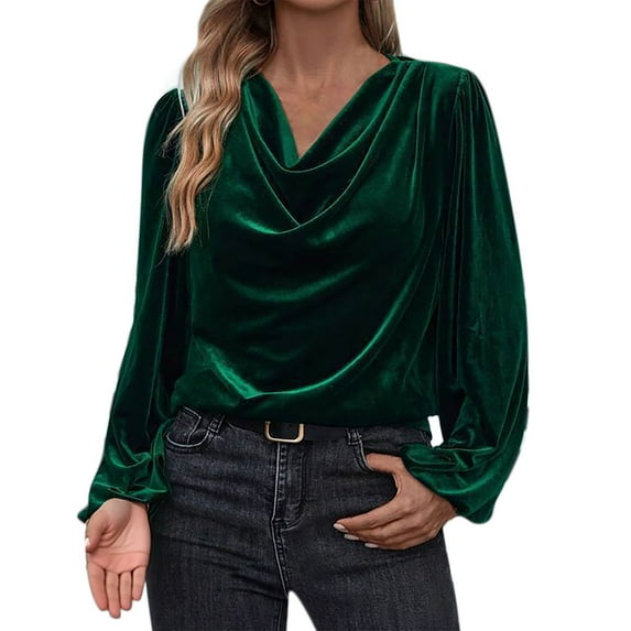 Htigea Draped Cowl Neck Shirts for Women Velvet Long Sleeve Pullover Elegant Dressy Work Business Blouse Top Green L