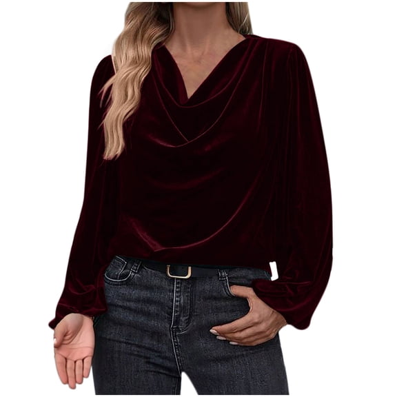 Htigea Draped Cowl Neck Shirts for Women Velvet Long Sleeve Pullover Elegant Dressy Work Business Blouse Top Wine M