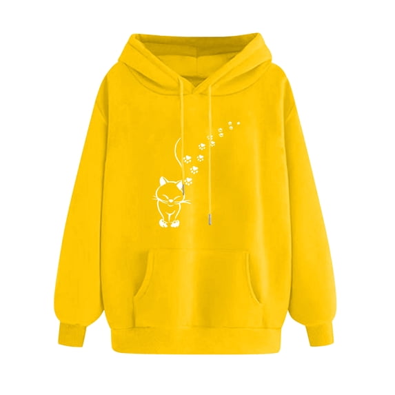 Htigea Drawstring Hooded Sweatshirts for Women Cute Hoodies Casual Loose Fit Pullover Tops | Graphic Print, Long Sleeve, Kangaroo Pocket, Holiday Travel Clothes, Fall Winter Outfits Yellow XL