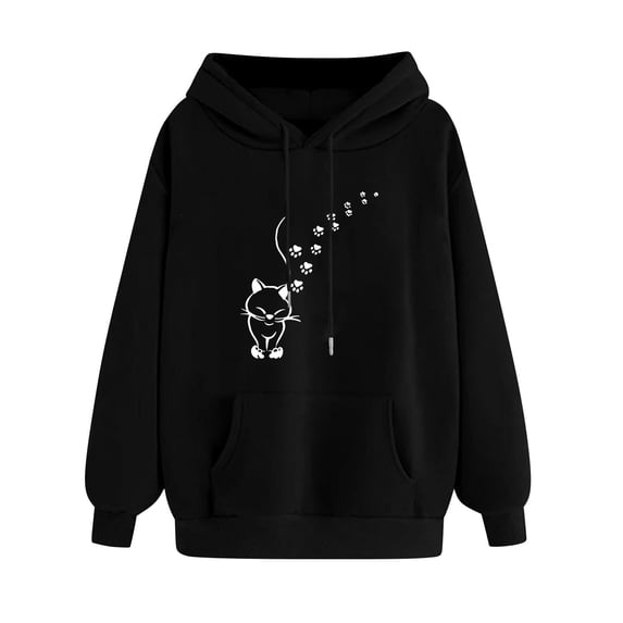 Htigea Drawstring Hooded Sweatshirts for Women Cute Hoodies Casual Loose Fit Pullover Tops | Graphic Print, Long Sleeve, Kangaroo Pocket, Holiday Travel Clothes, Fall Winter Outfits Black S