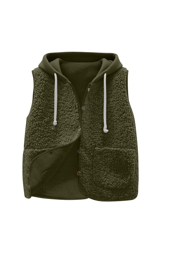 Drawstring Hoodies Vest for Women Fleece Sleeveless Hooded Jacket with Pockets Fall Casual Waistcoat Army Green S