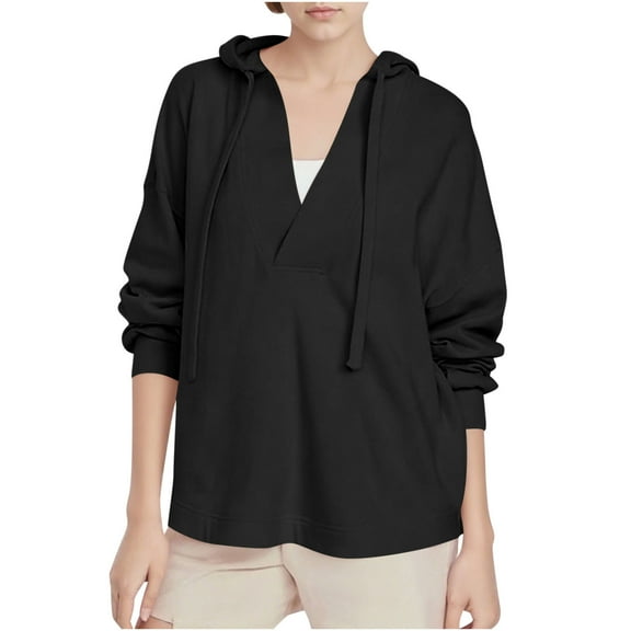Htigea Drawstring Hoodies for Women Casual V-Neck Long Sleeve Sweatshirts Lightweight Fall Pullover Top Tunic Blouse Black L