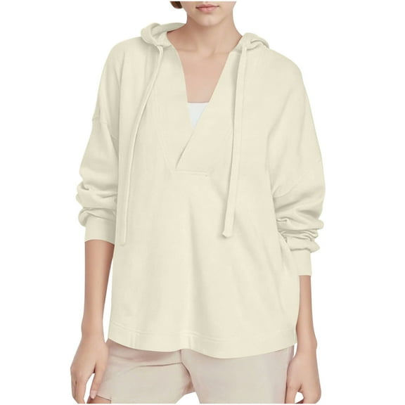Htigea Drawstring Hoodies for Women Casual V-Neck Long Sleeve Sweatshirts Lightweight Fall Pullover Top Tunic Blouse Khaki M