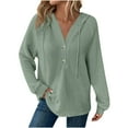 thumbnail image 1 of Htigea Drawstring Hoodies for Women Waffle Knit Long Sleeve Button V Neck Pullover Casual Loose Hooded Tops Green S, 1 of 6