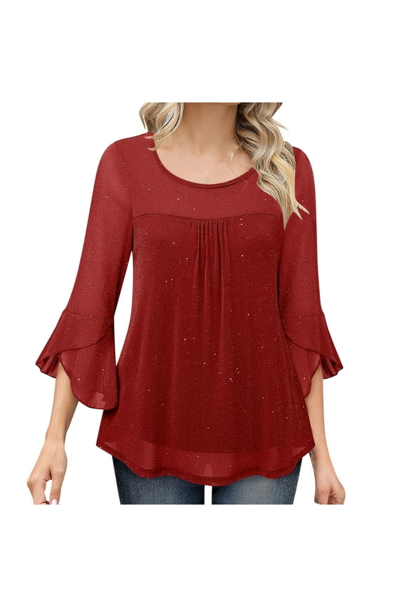 Dressy 3/4 Sleeve Shirt for Women Double Layers Mesh Tunic Blouse Sparkly Pleated Crew Neck Tops Flowy Tshirts Red,XL