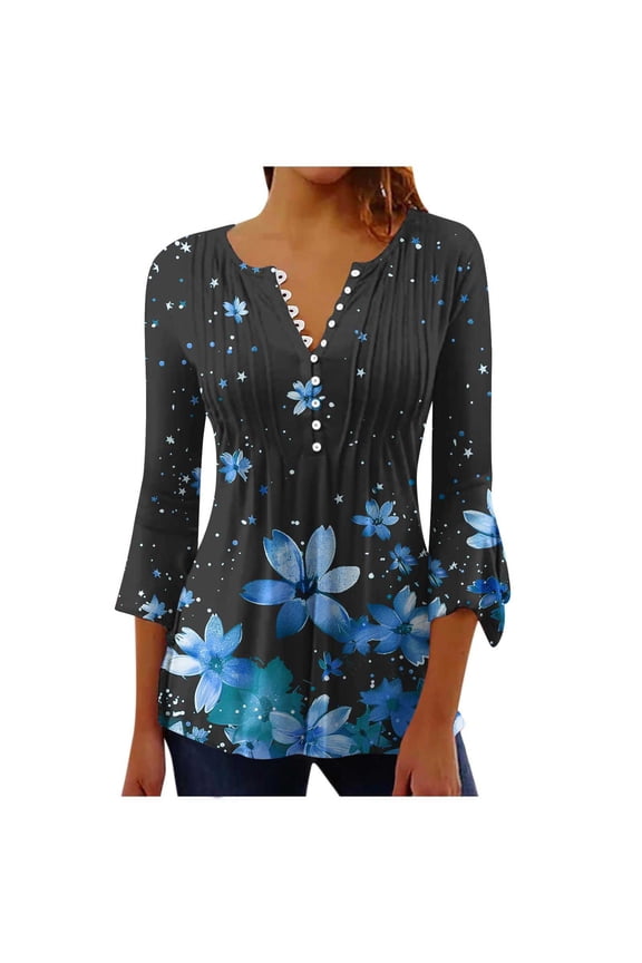Dressy Blouse for Women Flowy Button Down Casual Summer Tops Floral Party Shirts Flare Elbow 3/4 Length Sleeve Pleated Tunic Tops Blue,XL
