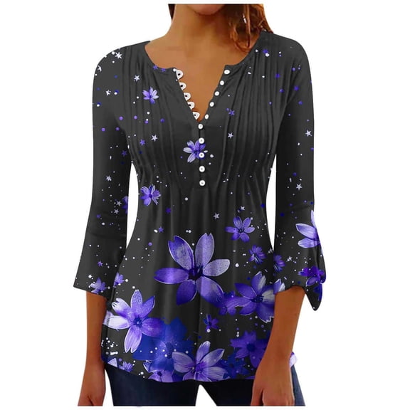 Htigea Dressy Blouse for Women Flowy Button Down Casual Summer Tops Floral Party Shirts Flare Elbow 3/4 Length Sleeve Pleated Tunic Tops Purple,2XL