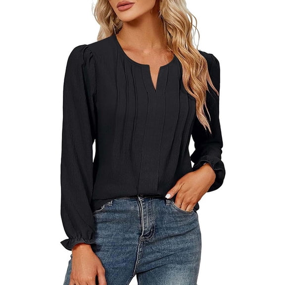 Htigea Dressy Shirts for Women Notch V-Neck Pleated Business Blouse Solid Long Sleeve Pullover Tops Black S