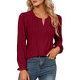 thumbnail image 1 of Htigea Dressy Shirts for Women Notch V-Neck Pleated Business Blouse Solid Long Sleeve Pullover Tops Wine XXL, 1 of 7
