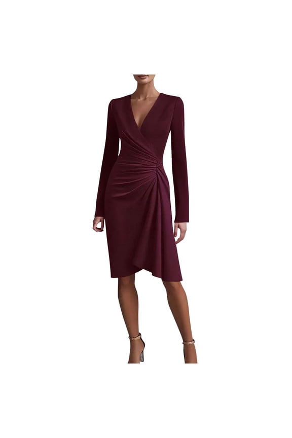 Elegant Ruched Dress for Women V-Neck Long Sleeve Wrap Dresses Flowy Irregular Hem Wedding Guest Midi Dress Wine XL