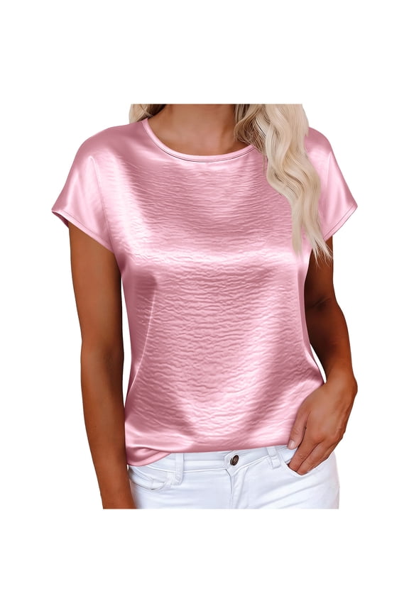 Elegant Satin Blouses for Women Dressy Summer Crewneck Tee Casual Short Sleeve Loose Shirts Tops Pink S