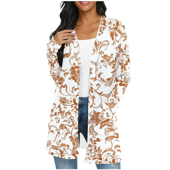 Htigea Fall Cardigan for Women Vintage Printed Long Sleeve Pockets Cardigan Tops Casual Open Front Cardigans Beige,L