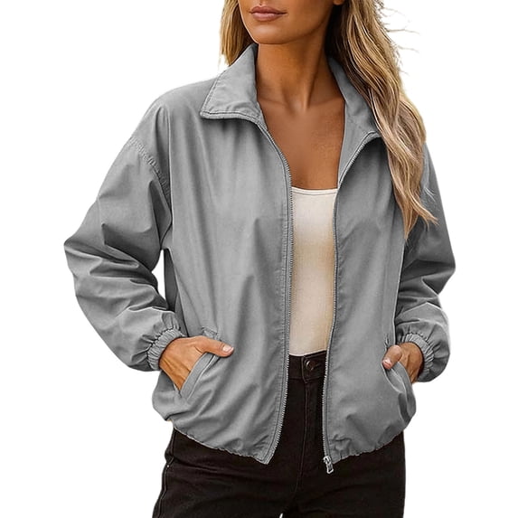 Htigea Fall Jacket for Women Windproof Waterproof Outdoor Hiking Travel Jackets Lightweight Zip Up Collared Long Sleeve Outerwear with Pockets Gray M
