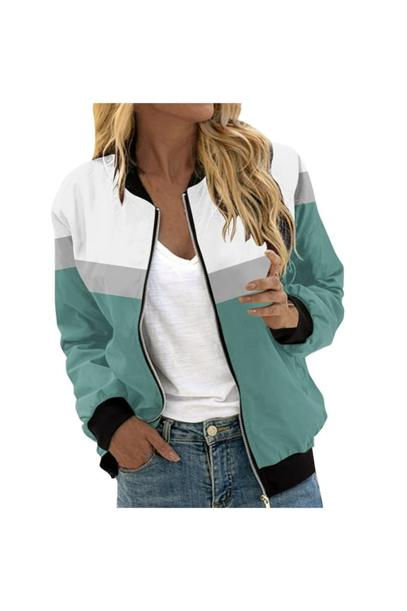 Fall Jackets for Women Color Block Zip Up Bomber Jacket Lightweight Long Sleeve Outerwear Coats with Pockets Green XXL