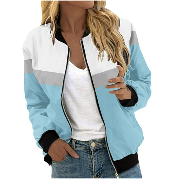 Htigea Fall Jackets for Women Color Block Zip Up Bomber Jacket Lightweight Long Sleeve Outerwear Coats with Pockets Light Blue S