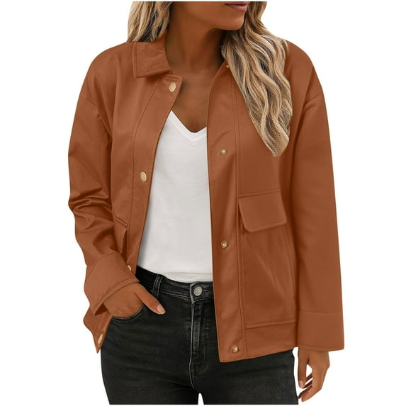 Htigea Fall Jackets for Women Lightweight Button Down Short Coats Solid Color Lapel Long Sleeve Jacket with Pockets Orange L