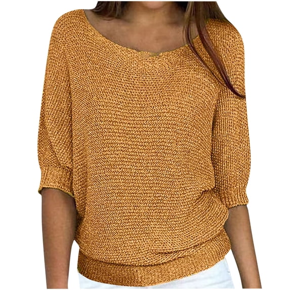 Htigea Fall Knit Tops for Women Casual Half Sleeve Crewneck Pullover Casual Loose Fit Sweater Plus Size Jumper Tops Yellow M