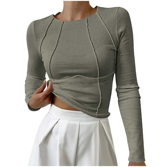 Htigea Fall Long Sleeve Tops for Women Pleated Crewneck Pullover Short Top Slim Fit Yoga Workout Fitness Shirts Gray XL