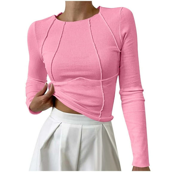 Htigea Fall Long Sleeve Tops for Women Pleated Crewneck Pullover Short Top Slim Fit Yoga Workout Fitness Shirts Pink M