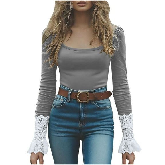 Htigea Fall Shirts for Women Lace Splicing Long Sleeve Square Neck Tops Trendy Holiday Party Blouse Gray M