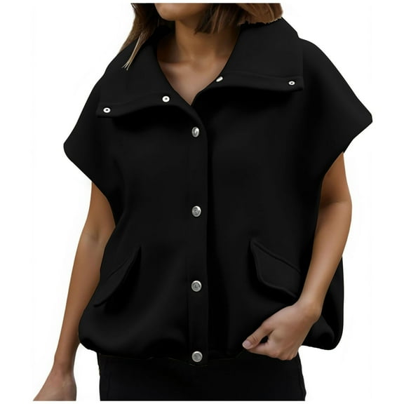 Htigea Fall Spring Vest for Women Short Turndown Sleeveless Jackets Thin Fleece Snap Button Outerwear Coats Black S