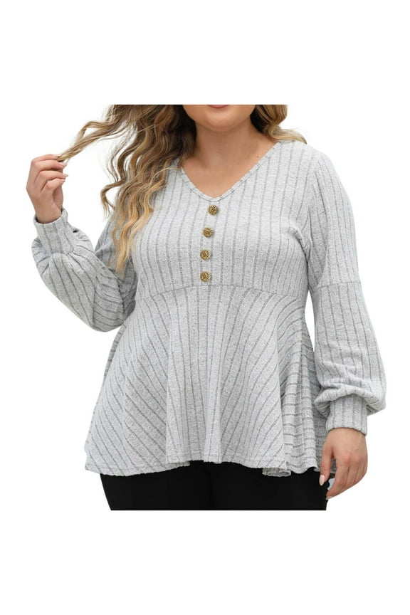 Fall Sweater for Women Dressy V Neck Lantern Long Sleeve Shirts Ribbed Knit Pullover Tops Lightweight Jumpers Gray XXL