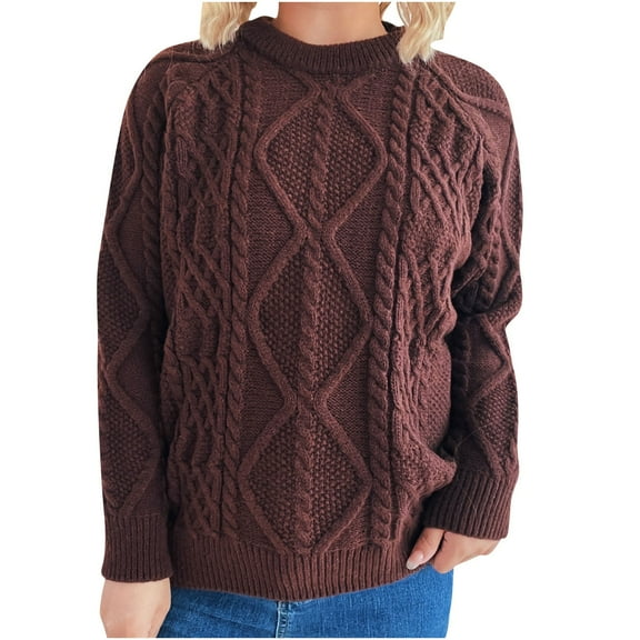 Htigea Fall Sweaters for Women Cable Knit Crew Neck Long Sleeve Pullover Casual Loose Fit Jumpers Tops Brown M