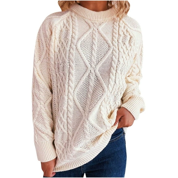 Htigea Fall Sweaters for Women Cable Knit Crew Neck Long Sleeve Pullover Casual Loose Fit Jumpers Tops White L