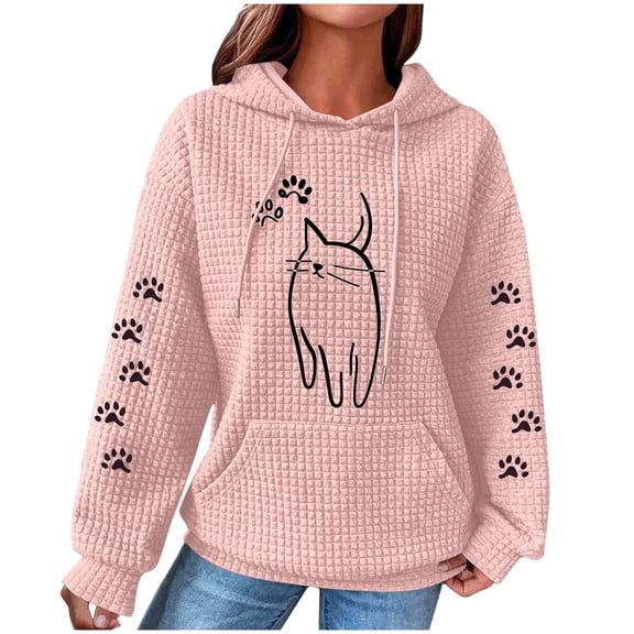 Htigea Fall Sweatshirts for Women Cute Graphic Hoodies | Drawstring, Hooded, Pocket, Oversized Pullover, Waffle Long Sleeve Tops Pink S