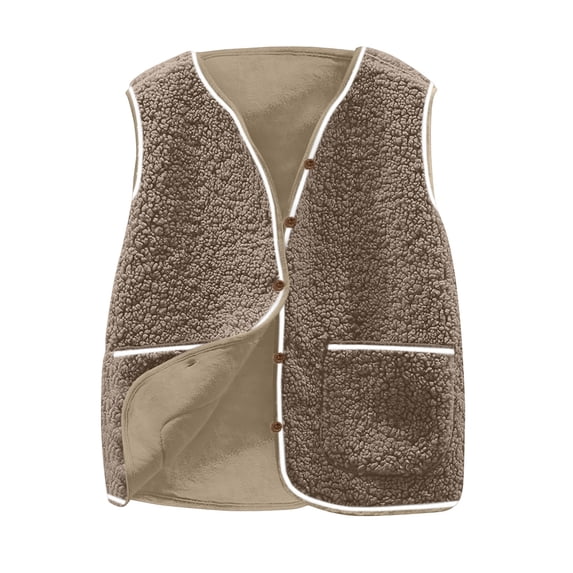 Htigea Fall Vest for Women Sherpa Sleeveless Jackets Short Button-Down Vests Teen Girl Cute Casual Coats with Pockets Brown S