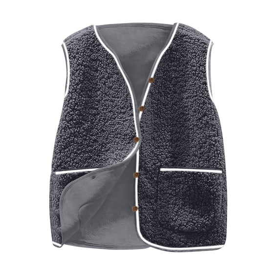Htigea Fall Vest for Women Sherpa Sleeveless Jackets Short Button-Down Vests Teen Girl Cute Casual Coats with Pockets Gray S